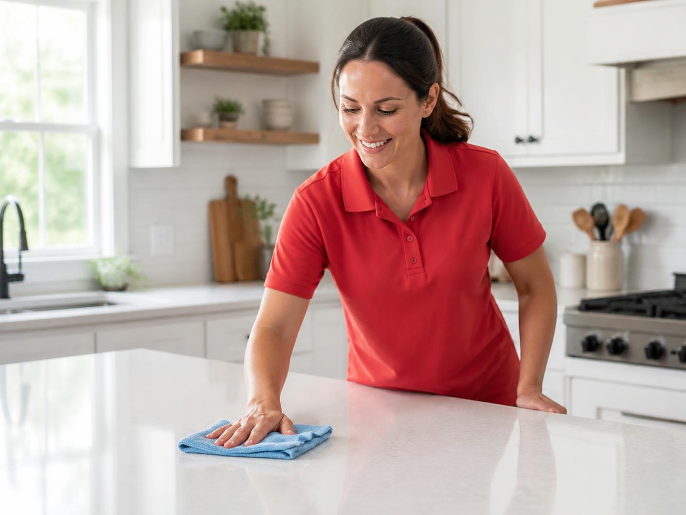 We Clean team member wiping down a kitchen counter