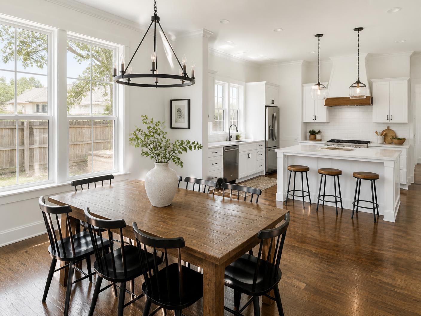 Bright, freshly cleaned kitchen and dining room in a San Antonio family home